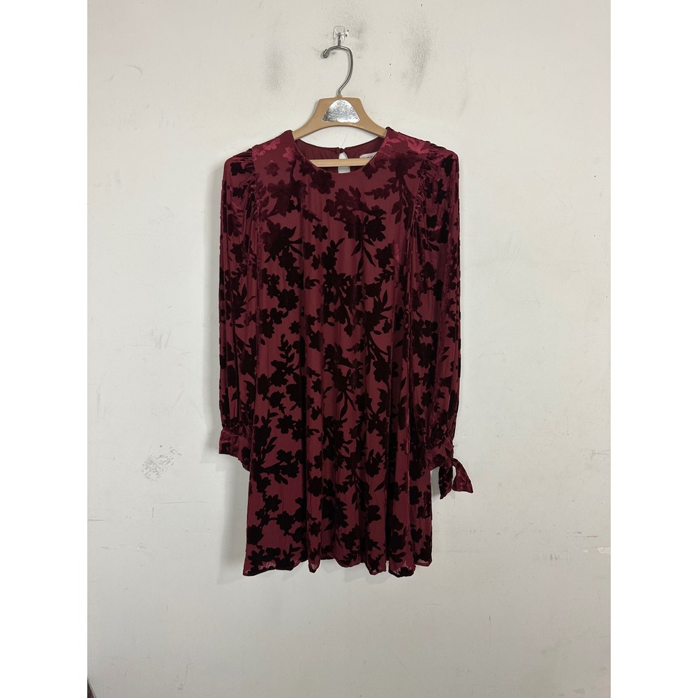 Calvin Klein Burgundy Burnout Velvet Floral Long Sleeve Shift Dress Womens 12